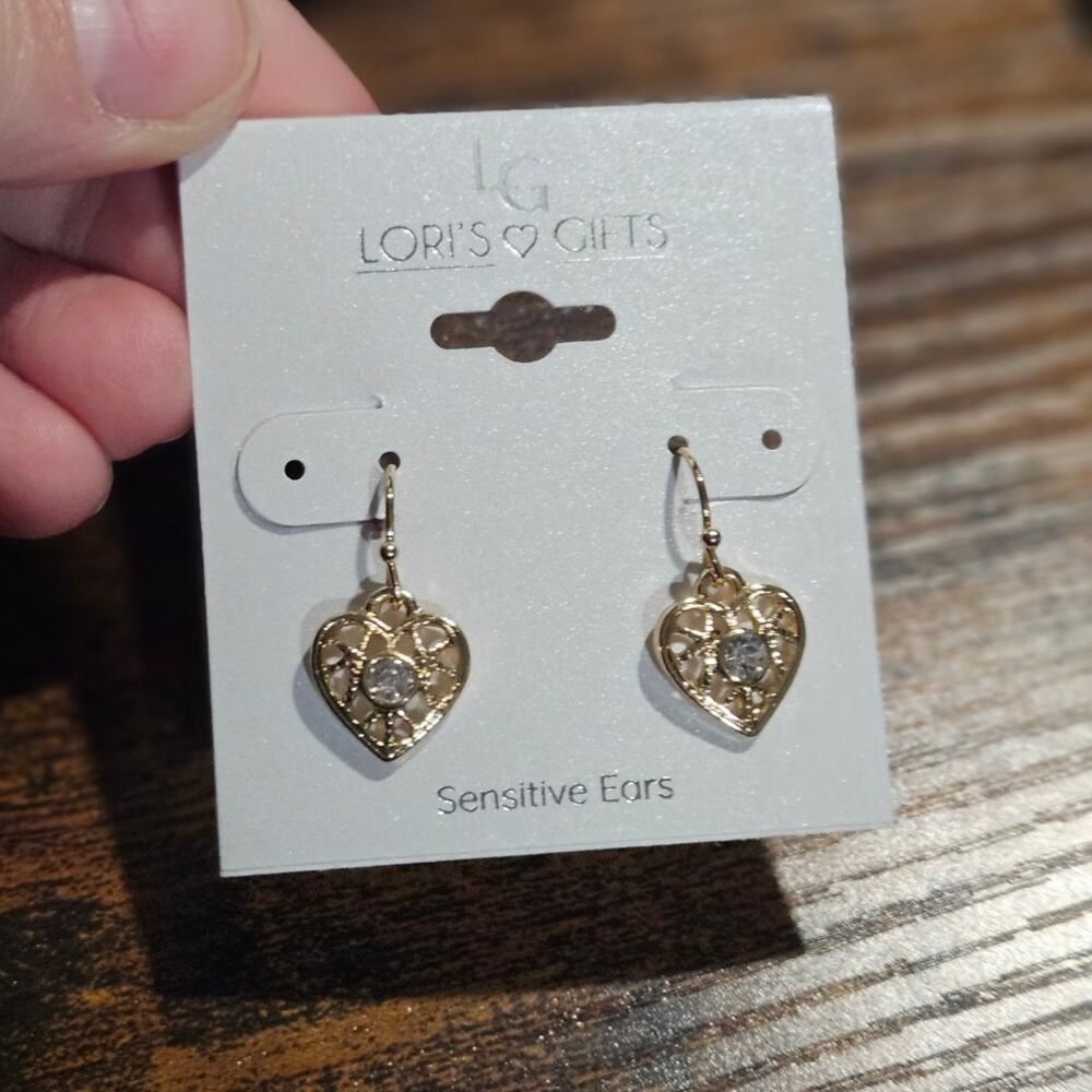 Lori's Gifts Gold-Tone Heart w/ Crystal Center Dangle Earrings ~ Senstive Ears